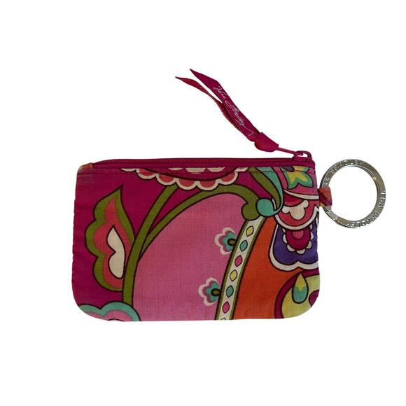 Vera Bradley Pink Swirl Paisley Floral Cotton Mini Zip ID Wallet Silver Key Ring - Picture 2 of 11